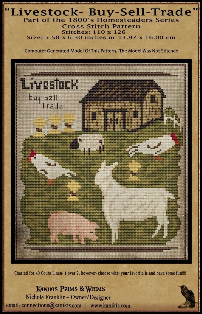 Livestock- Buy-Sell-Trade-1800's Series- Cross Stitch- PRINTED AND MAILED - Kanikis