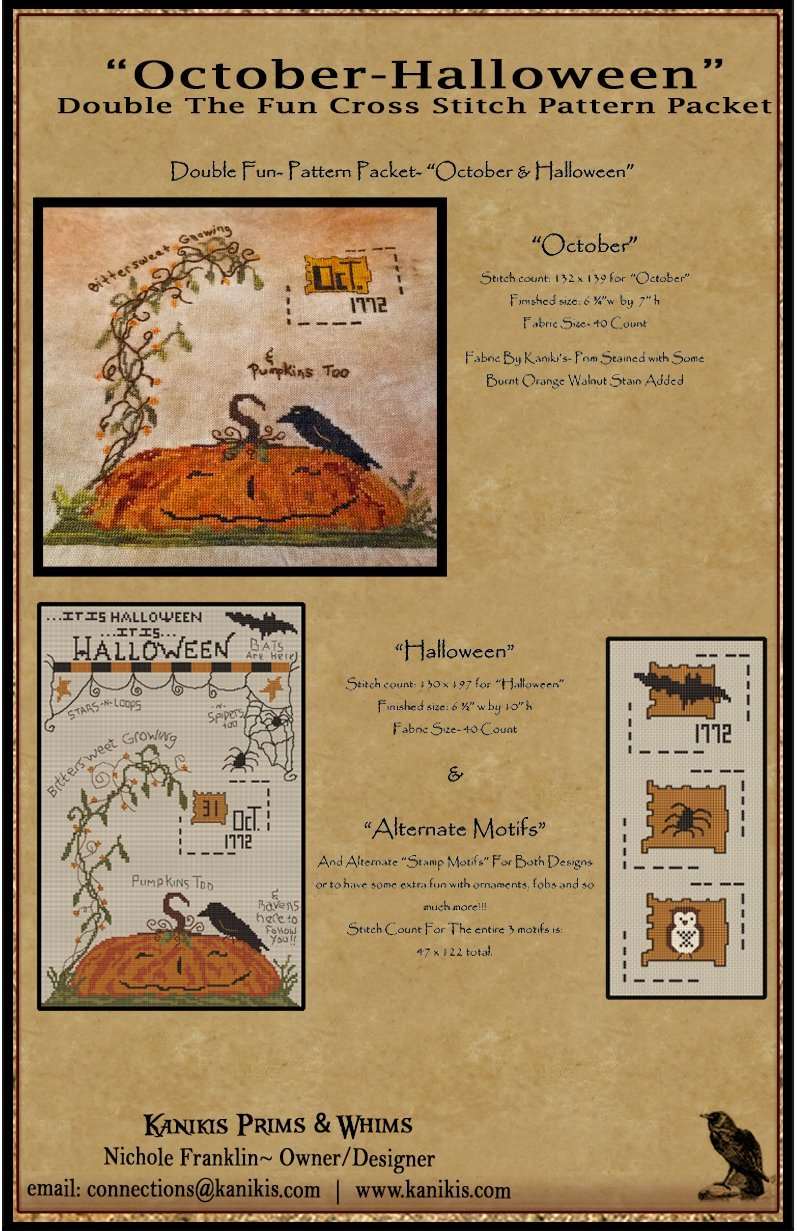 October-Halloween Double Cross Stitch Pattern Packet- PRINTED AND MAILED - Kanikis