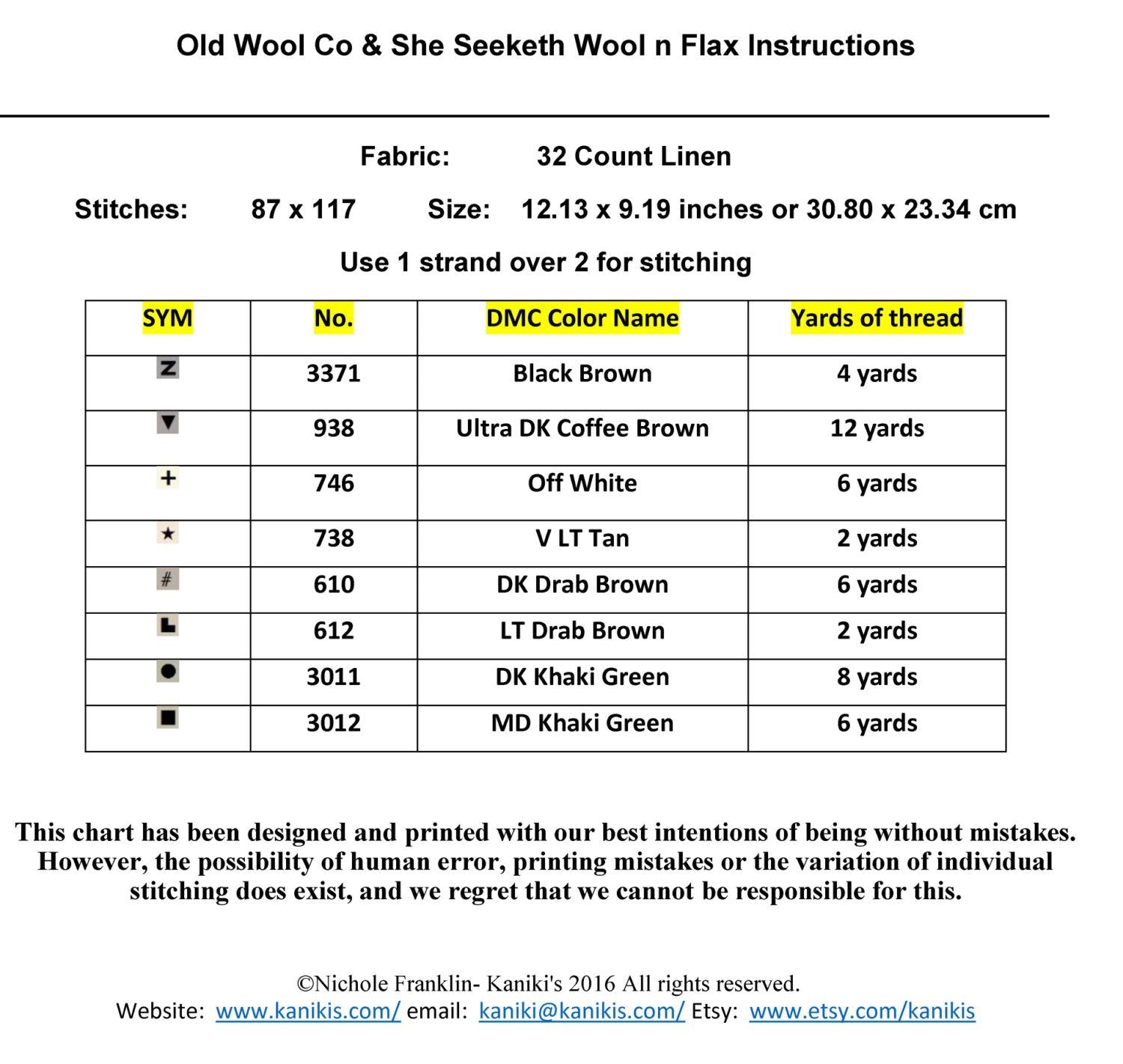 Stitch Packet Old Wool Co & She Seeketh Wool n Flax- Double Pattern Cross Stitch Pac ...
