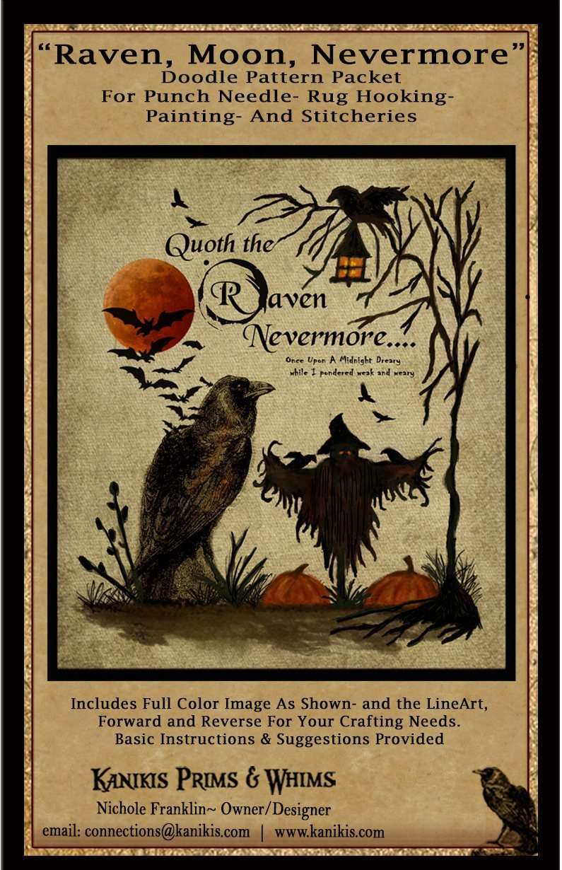 Raven, Moon, Nevermore- Punch Needle- Doodle Pattern Packet -Instant PDF Download - Kanikis